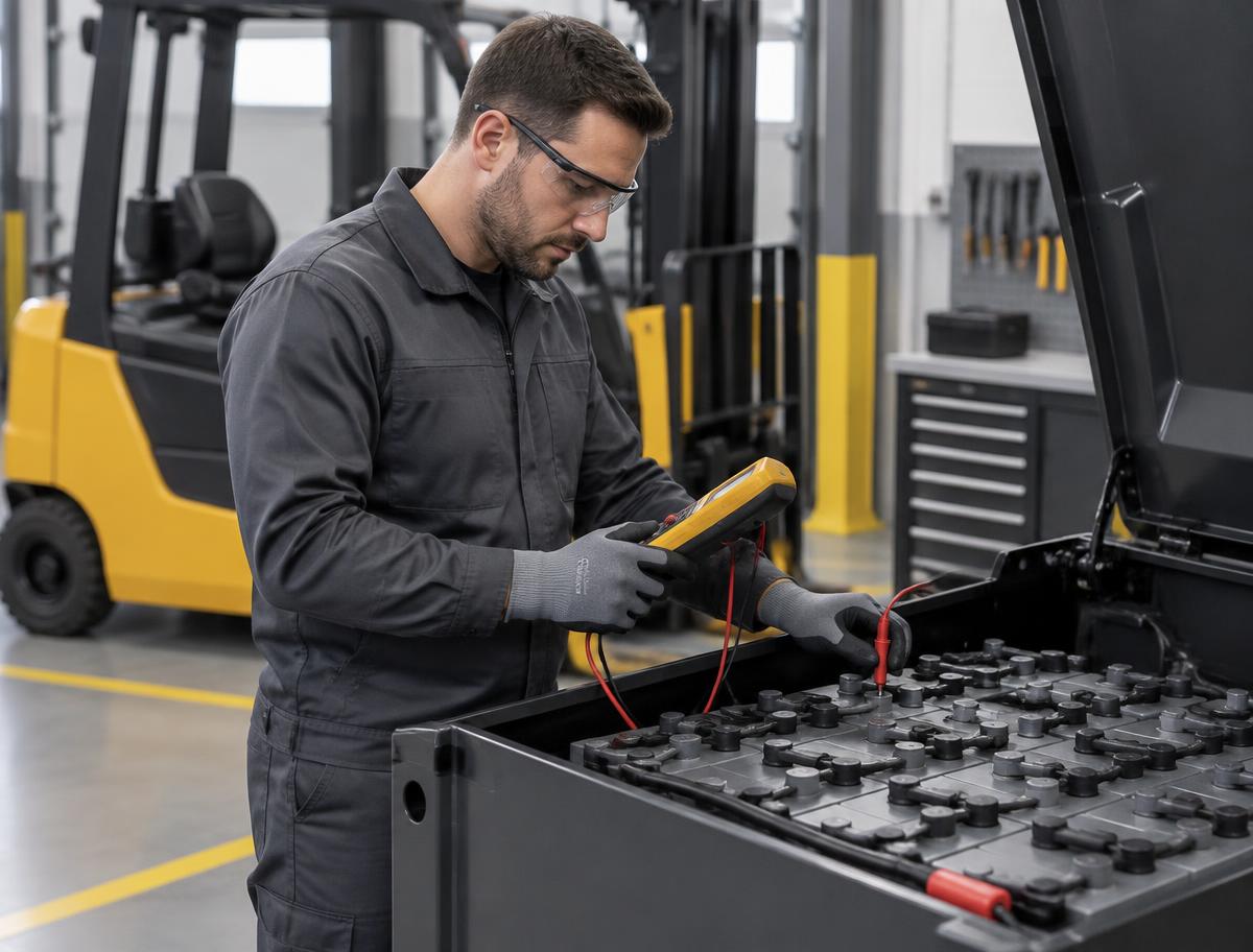 Técnico avaliando bateria de empilhadeira com equipamento de medição